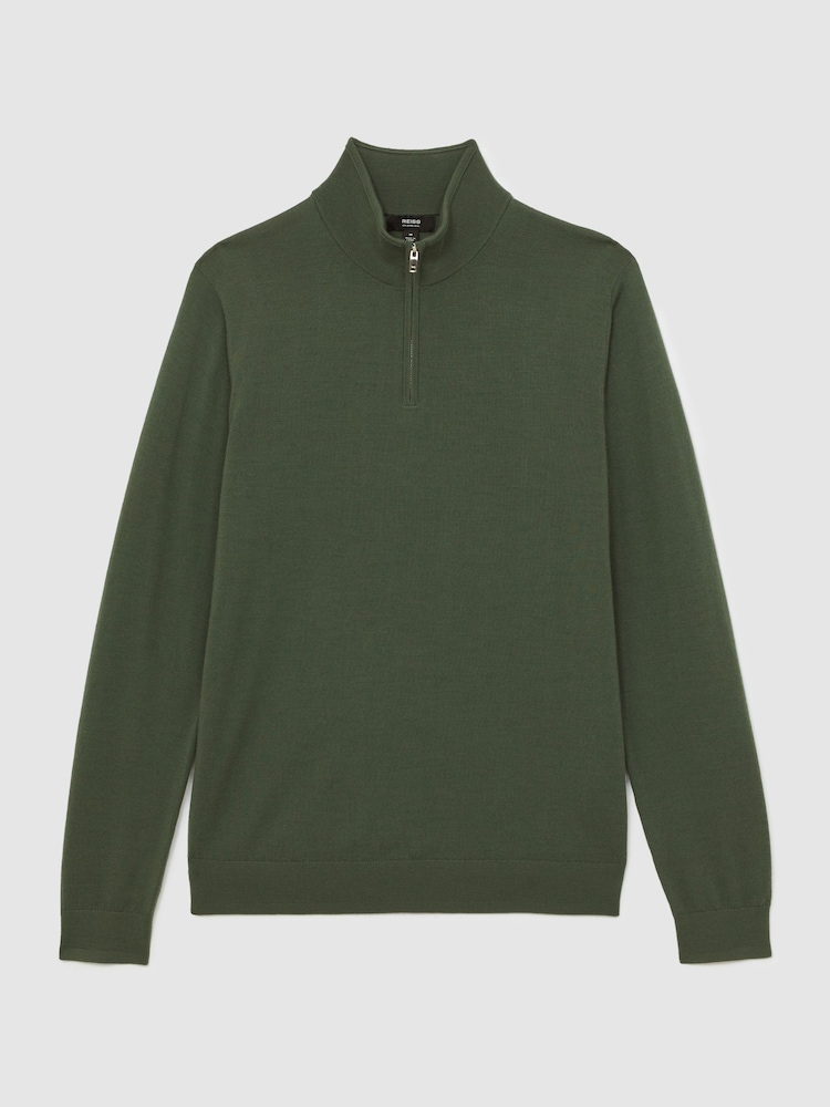 Reiss Kale Green Blackhall Merino Wool Half-Zip Jumper - Image 2 of 5