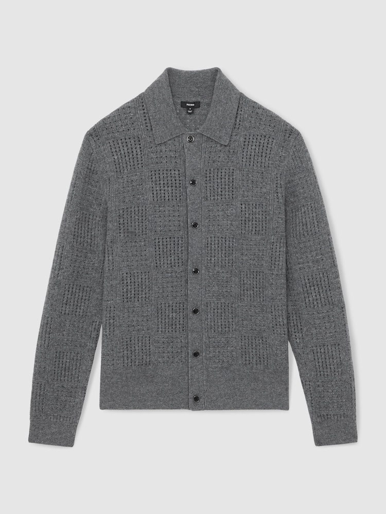 Reiss Mid Grey Lisbon Wool Button Through Pointelle Shirt - Image 2 of 5 Reiss Mid Grey Lisbon Wool Button Through Pointelle Shirt - Image 2 of 5