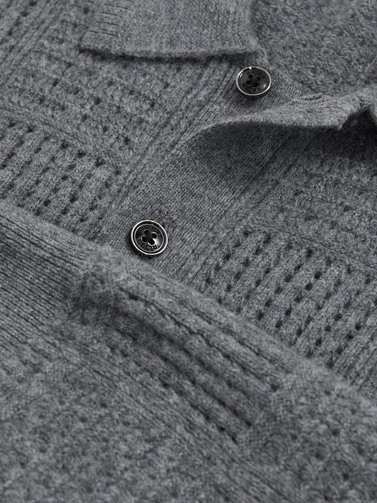 Reiss Mid Grey Lisbon Wool Button Through Pointelle Shirt - Image 5 of 5 Reiss Mid Grey Lisbon Wool Button Through Pointelle Shirt - Image 5 of 5