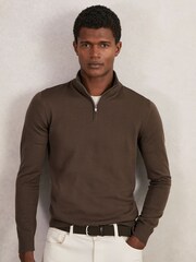Reiss Chocolate Brown Blackhall Merino Wool Half-Zip Jumper - Image 1 of 6