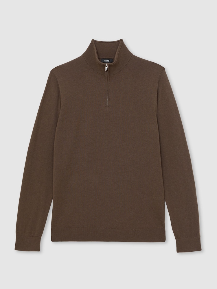 Reiss Chocolate Brown Blackhall Merino Wool Half-Zip Jumper - Image 2 of 6