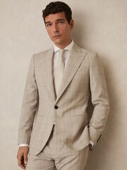 Reiss Oatmeal Brown Alfie Slim-Fit Single-Breasted Wool Check Suit Blazer - Image 1 of 8