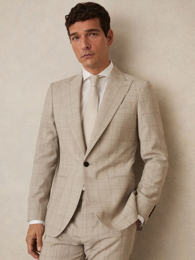 Reiss Oatmeal Brown Alfie Slim-Fit Single-Breasted Wool Check Suit Blazer - Image 1 of 8