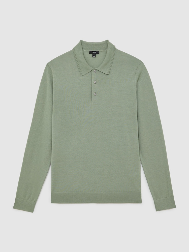 Reiss Harper Green Trafford Merino Wool Long-Sleeve Polo Shirt - Image 2 of 7