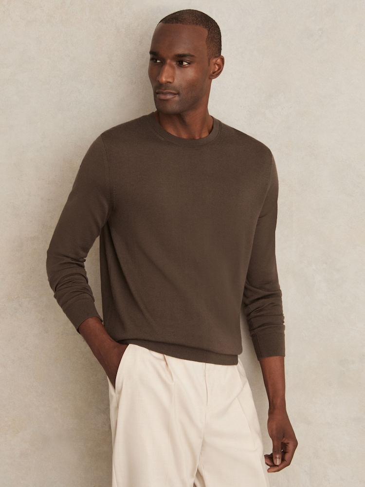 Reiss Chocolate Brown Wessex Merino-Wool Crew-Neck Jumper - Image 1 of 6 Reiss Chocolate Brown Wessex Merino-Wool Crew-Neck Jumper - Image 1 of 6