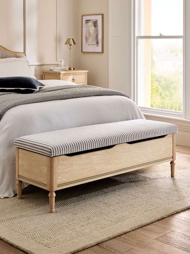 Chenille Stripe Slate Blue Lily Wooden Storage Ottoman Bench - Image 1 of 8