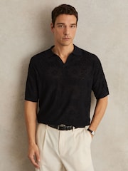 Reiss Navy Banks Jacquard Loop-Stitch Polo Shirt - Image 1 of 6