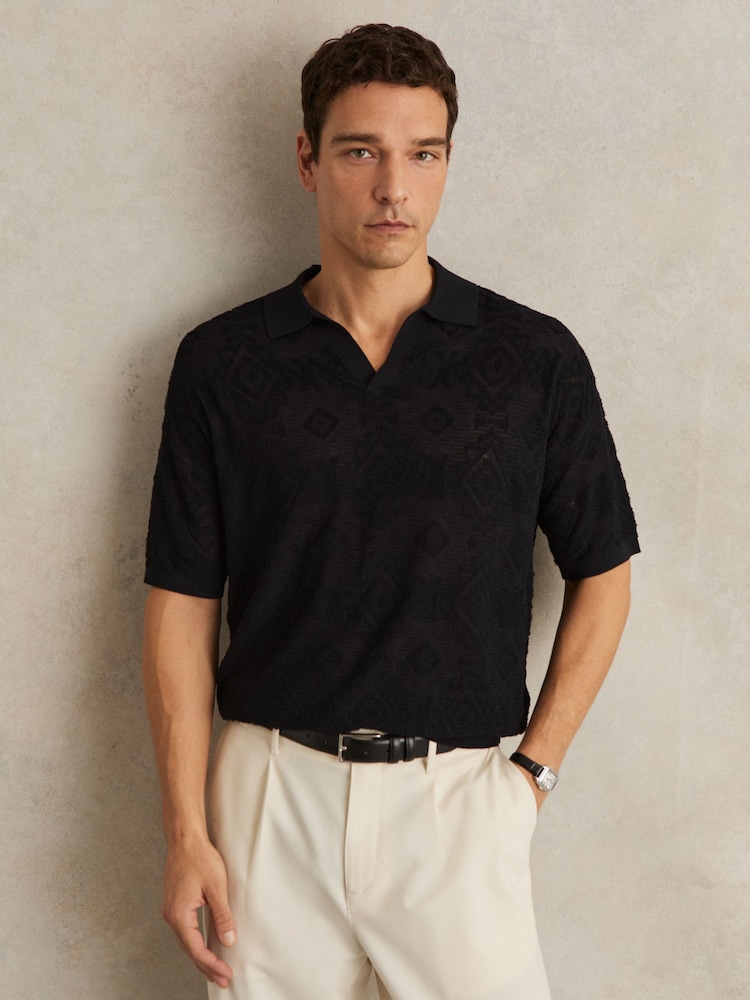 Reiss Navy Banks Jacquard Loop-Stitch Polo Shirt - Image 1 of 6