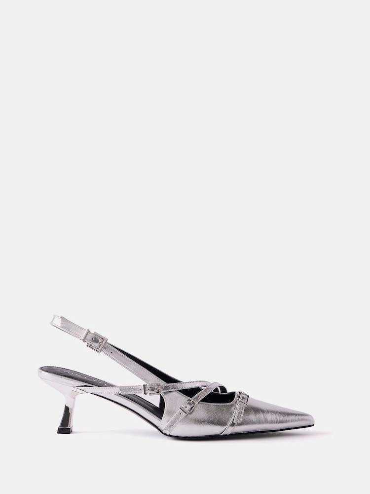 Mint Velvet Silver Kit Slingback Kitten Heels - Image 2 of 5 Mint Velvet Silver Kit Slingback Kitten Heels - Image 2 of 5