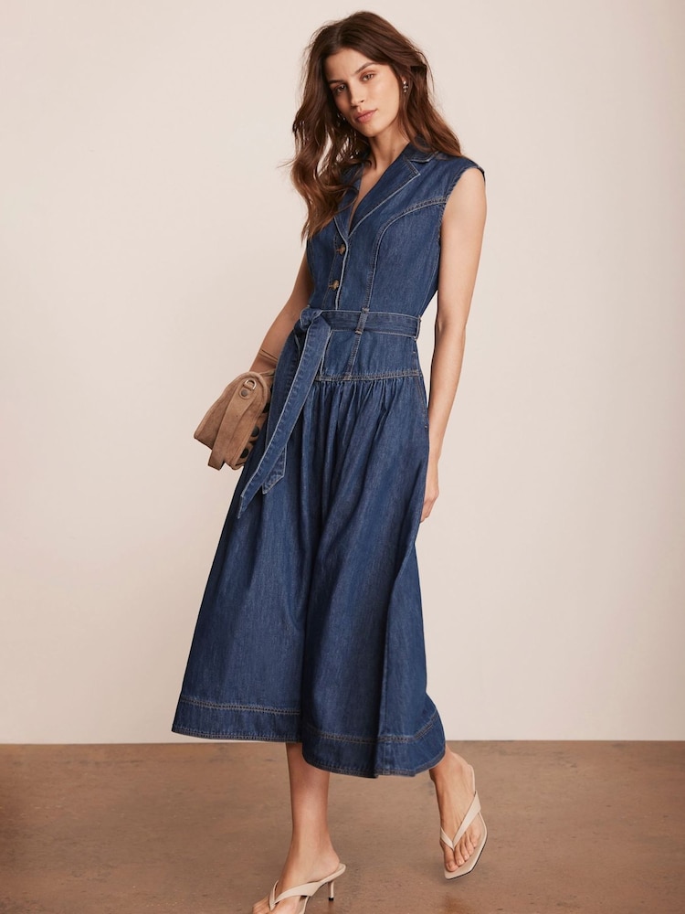 Mint Velvet Blue Drop Waist Collared Denim 100% Cotton Dress - Image 1 of 8