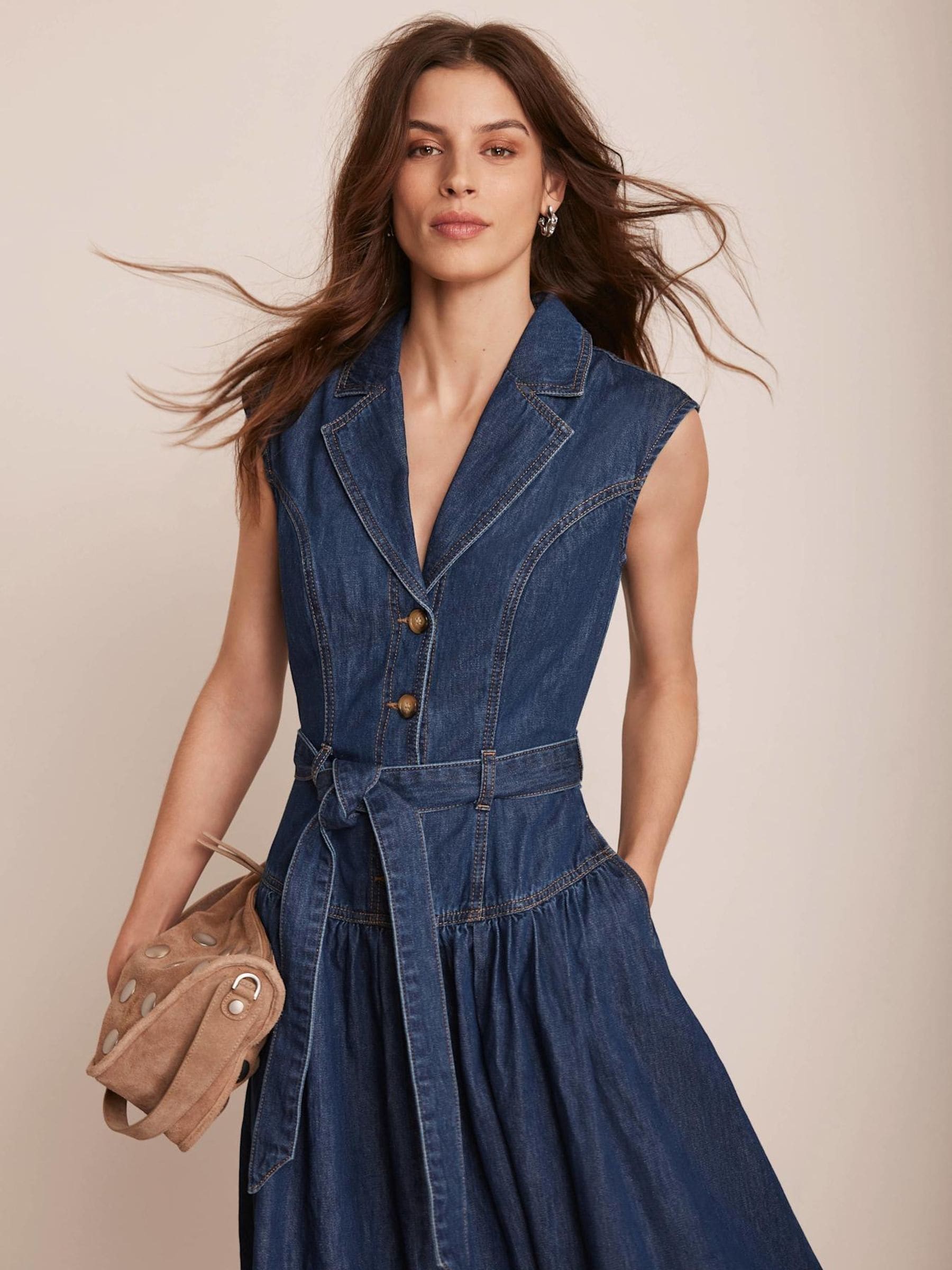 Buy Mint Velvet Blue Drop Waist Collared Denim 100% Cotton Dress