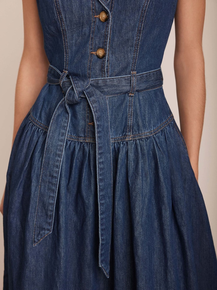 Mint Velvet Blue Drop Waist Collared Denim 100% Cotton Dress - Image 5 of 8