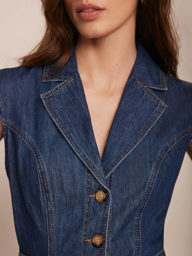 Mint Velvet Blue Drop Waist Collared Denim 100% Cotton Dress - Image 6 of 8