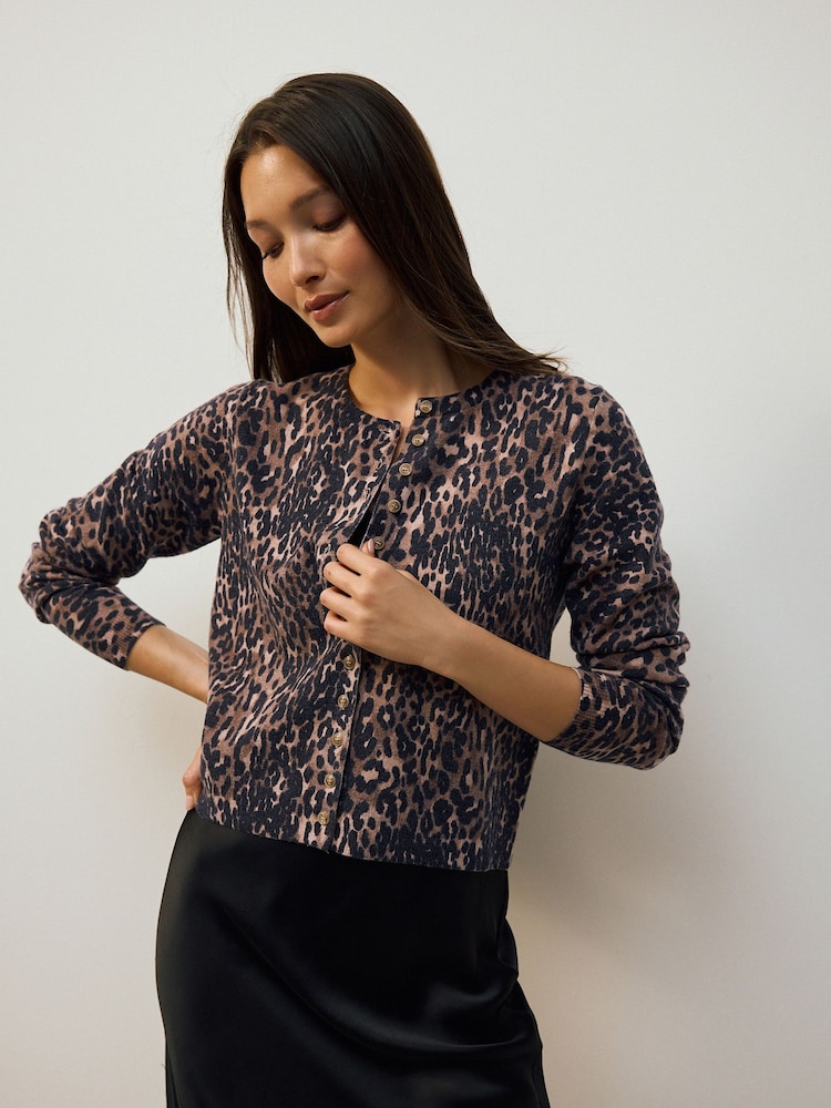 Animal Print Slim Super Soft Crew Neck Cardigan with Wool - Image 2 of 9 Animal Print Slim Super Soft Crew Neck Cardigan with Wool - Image 2 of 9