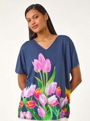 Roman Blue Tulip Motif V-Neck Stretch Top - Image 1 of 5