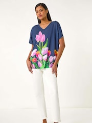 Roman Blue Tulip Motif V-Neck Stretch Top - Image 2 of 5