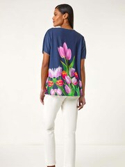 Roman Blue Tulip Motif V-Neck Stretch Top - Image 3 of 5