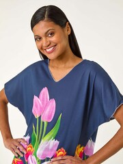 Roman Blue Tulip Motif V-Neck Stretch Top - Image 4 of 5