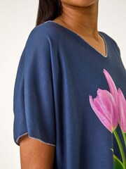Roman Blue Tulip Motif V-Neck Stretch Top - Image 5 of 5