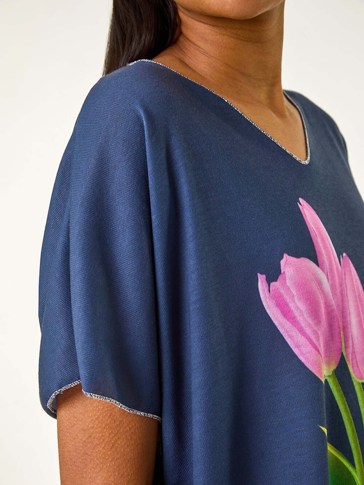 Roman Blue Tulip Motif V-Neck Stretch Top - Image 5 of 5