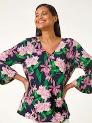 Roman Pink Floral Flare Sleeve Blouses - Image 1 of 4