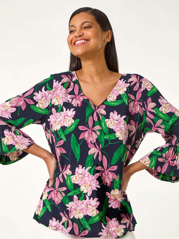 Roman Pink Floral Flare Sleeve Blouses - Image 1 of 4