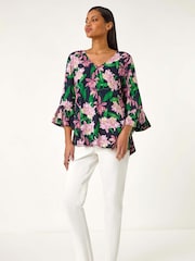 Roman Pink Floral Flare Sleeve Blouses - Image 2 of 4
