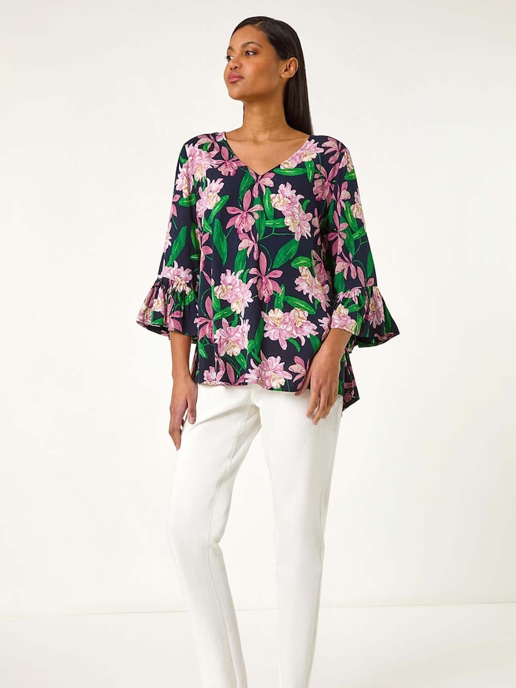 Roman Pink Floral Flare Sleeve Blouses - Image 2 of 4