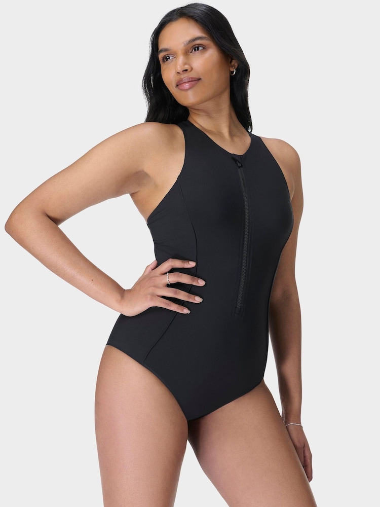 Sweaty Betty Black Tide Zip Through Performance Swimsuit - Image 1 of 6