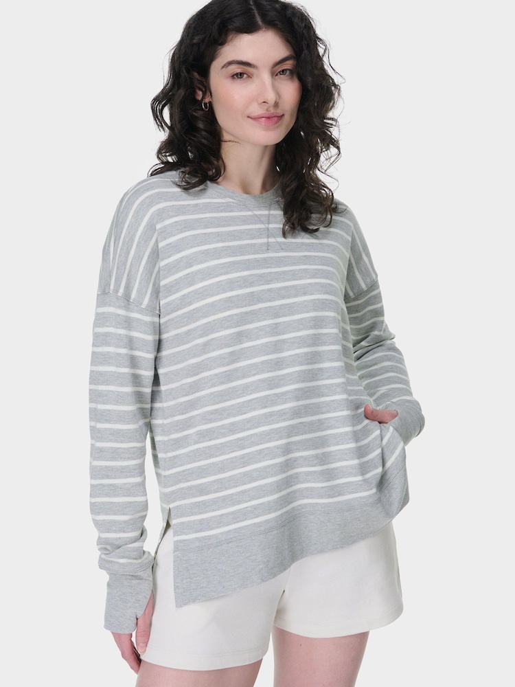 Sweaty Betty LilyWhite LightGreyMarl Stripe After Class Longline Sweatshirt - Image 6 of 7