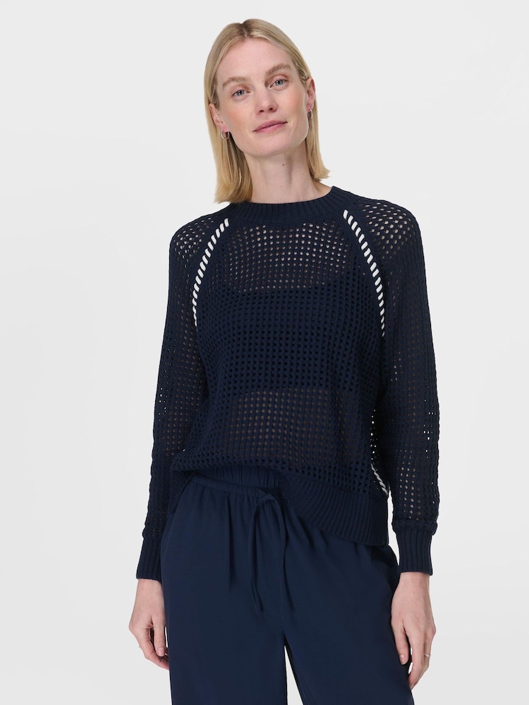 Sweaty Betty Blue Tides High Whipstitch 100% Cotton Jumper - Image 1 of 6 Sweaty Betty Blue Tides High Whipstitch 100% Cotton Jumper - Image 1 of 6
