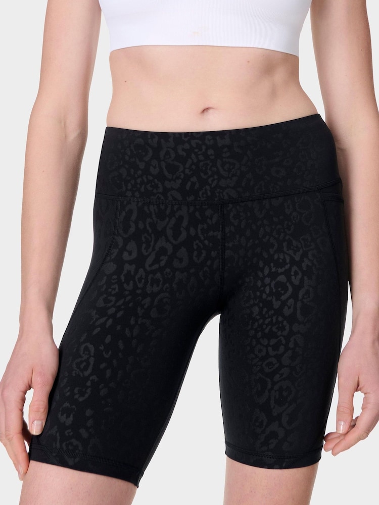 Sweaty Betty Black Leopard Emboss Print 9" Inseam Power 6" Biker Shorts - Image 1 of 8