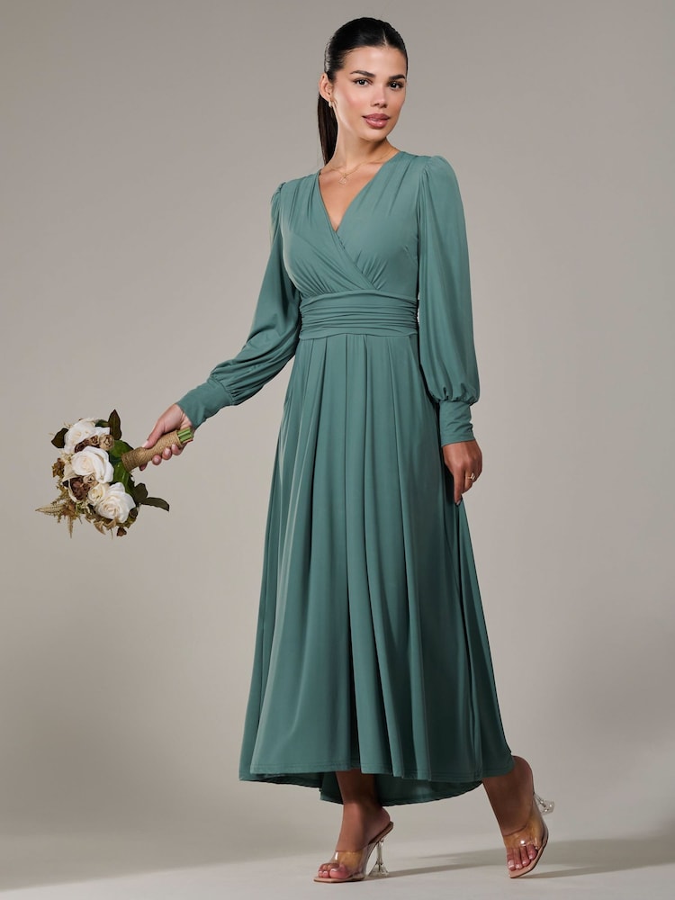 Jolie Moi Green Petite Petite Long Sleeve Soft Silky Jersey Maxi Dress - Image 4 of 6