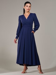 Jolie Moi Blue Petite Petite Long Sleeve Soft Silky Jersey Maxi Dress - Image 1 of 6