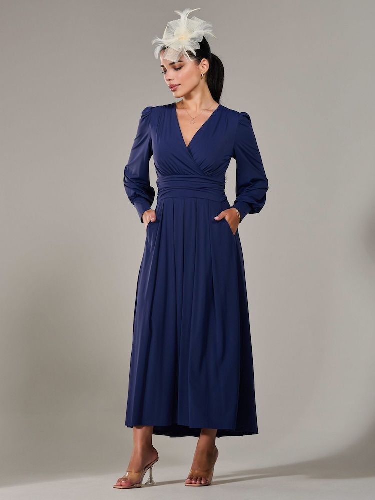 Jolie Moi Blue Petite Petite Long Sleeve Soft Silky Jersey Maxi Dress - Image 4 of 6