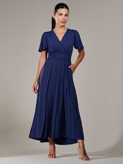 Jolie Moi Blue Petite Short Sleeve Soft Silky Jersey Maxi Dress - Image 1 of 6