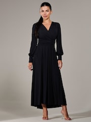Jolie Moi Black Petite Petite Long Sleeve Soft Silky Jersey Maxi Dress - Image 4 of 6