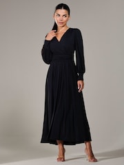 Jolie Moi Black Petite Petite Long Sleeve Soft Silky Jersey Maxi Dress - Image 5 of 6