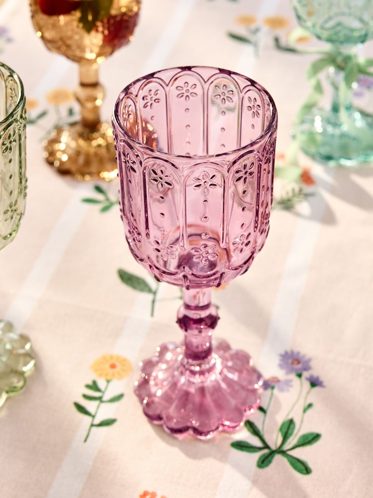 Set of 4 Multi Maisie Floral Pressed Wine Glasses - Image 2 of 4 Set of 4 Multi Maisie Floral Pressed Wine Glasses - Image 2 of 4