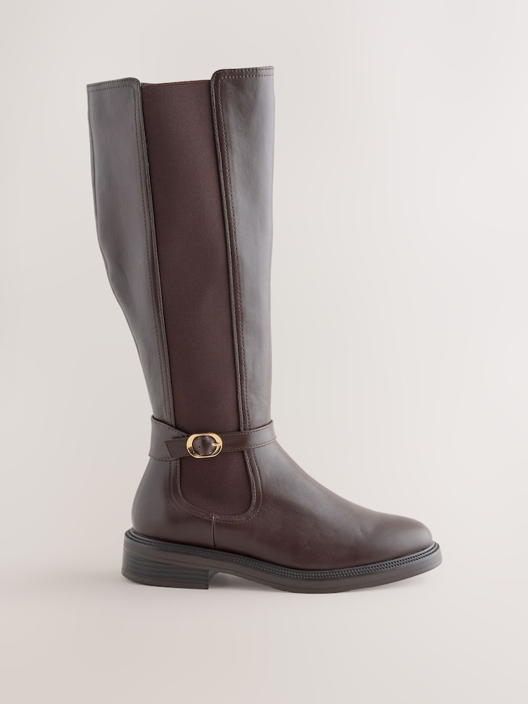 Chocolate Brown Extra Wide Fit Forever Comfort® Round Toe Buckle Detail Knee High Boots - Image 1 of 5