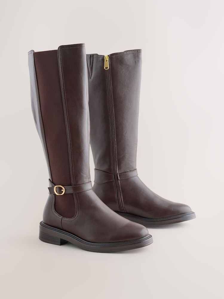 Chocolate Brown Extra Wide Fit Forever Comfort® Round Toe Buckle Detail Knee High Boots - Image 2 of 5