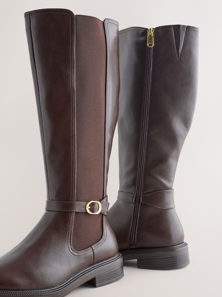 Chocolate Brown Extra Wide Fit Forever Comfort® Round Toe Buckle Detail Knee High Boots - Image 5 of 5