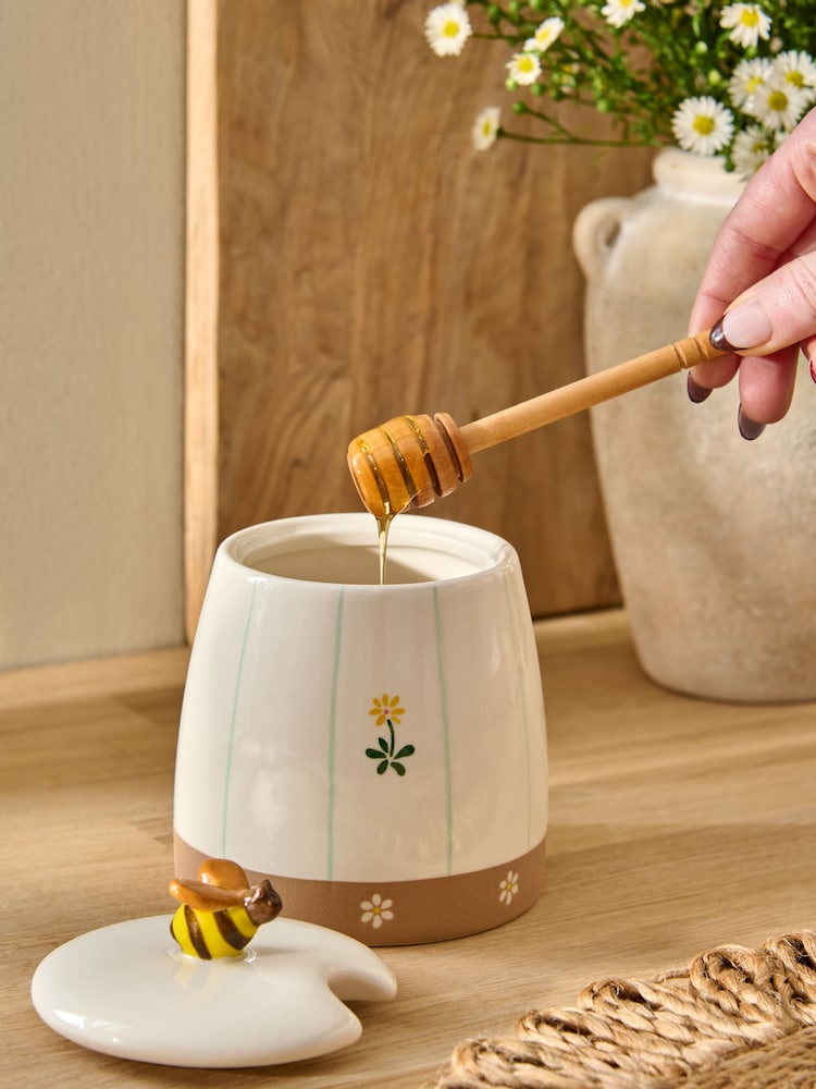Natural Maisie Floral Print Honey Pot with Wooden Honey Drizzler - Image 2 of 4 Natural Maisie Floral Print Honey Pot with Wooden Honey Drizzler - Image 2 of 4