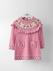 JoJo Maman Bébé Pink Robin Fairisle Frill Knitted Dress - Image 1 of 4