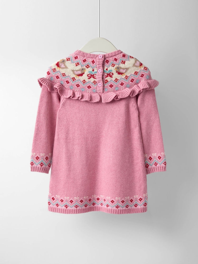 JoJo Maman Bébé Pink Robin Fairisle Frill Knitted Dress - Image 4 of 4 JoJo Maman Bébé Pink Robin Fairisle Frill Knitted Dress - Image 4 of 4