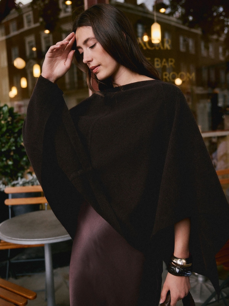 Chocolate Brown Asymmetric Wool Blend Poncho Containing Cashmere - Image 1 of 8 Chocolate Brown Asymmetric Wool Blend Poncho Containing Cashmere - Image 1 of 8