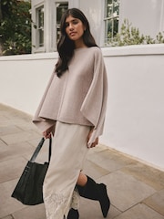 Oatmeal N. Premium Asymmetric Wool Blend Poncho with Containing Cashmere - Image 1 of 9