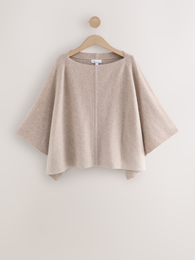 Oatmeal Asymmetric Wool Blend Poncho Containing Cashmere - Image 2 of 9 Oatmeal Asymmetric Wool Blend Poncho Containing Cashmere - Image 2 of 9