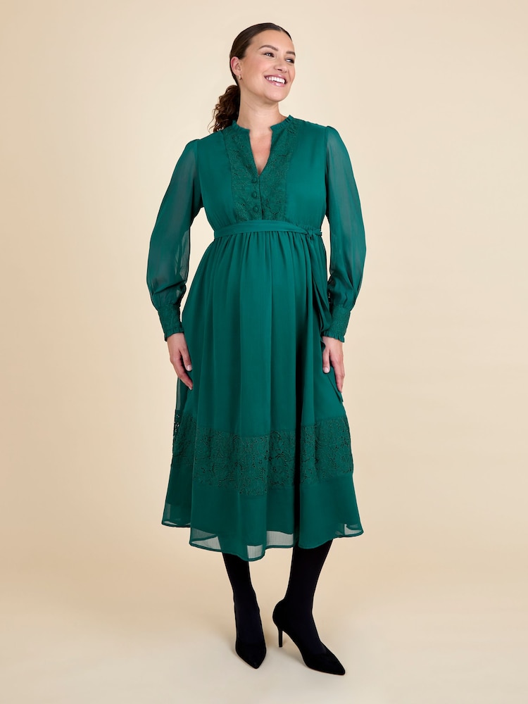 JoJo Maman Bébé Green Pleated Lace Hem Maternity Midi Dress - Image 1 of 6