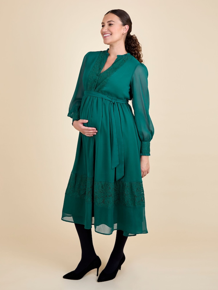 JoJo Maman Bébé Green Pleated Lace Hem Maternity Midi Dress - Image 2 of 6